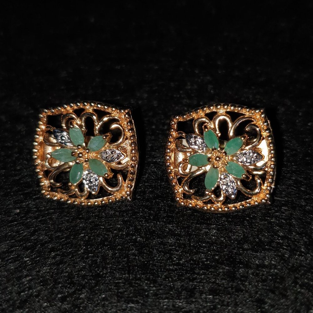 Elegant Vintage Ross-Simons Natural Emerald  925 Sterling Silver Floral Earrings